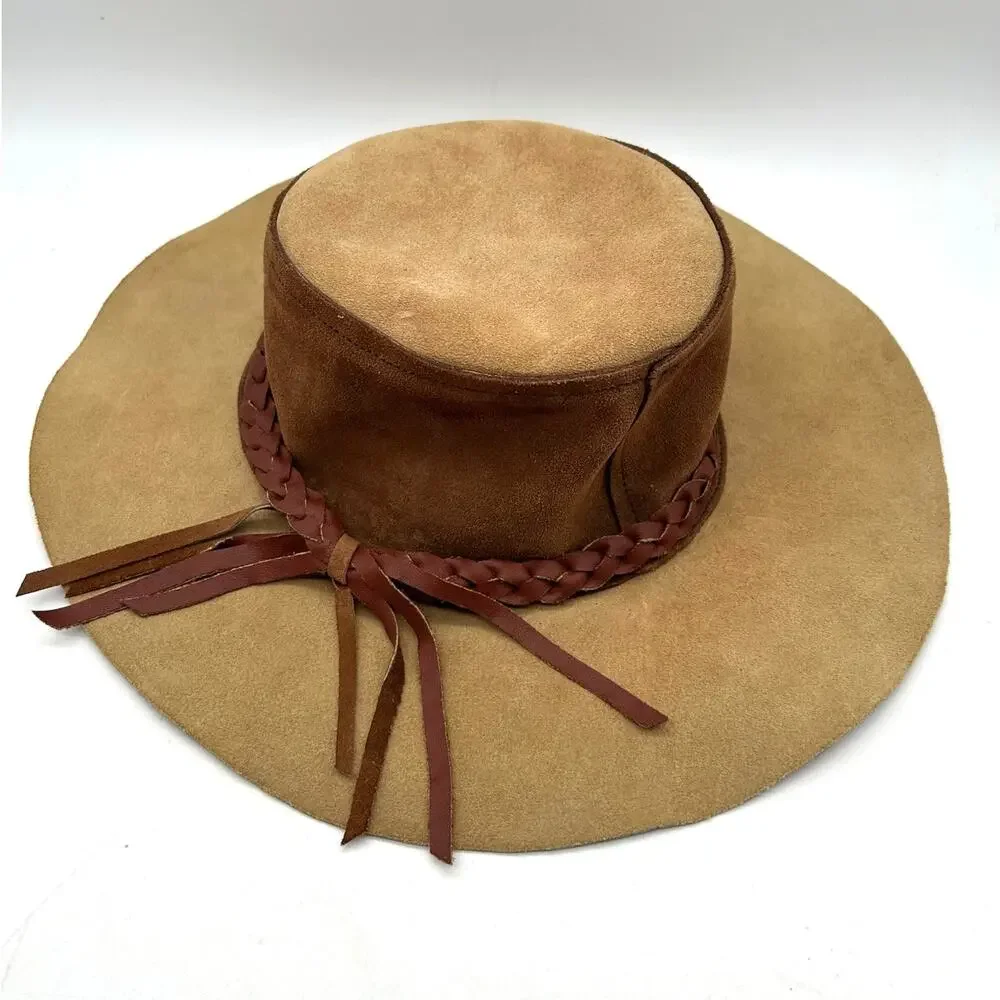 Vintage Tan Suede Wide Brim Bolero Hat Braided Leather Band Size 6 3/8 51cm - Picture 7 of 10